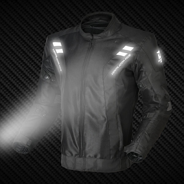 A black motorcycle jacket with ventilator details, shoulder and elbow protectors, and a reflective stripe on the upper part.
