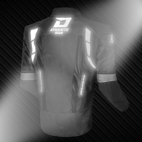 A black motorcycle jacket with ventilator details and a reflective stripe on the back of jacket