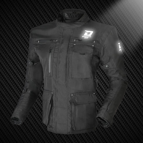 A black motorbike touring jacket with zippered chest and reflected branded logos on the sleeves and chest.