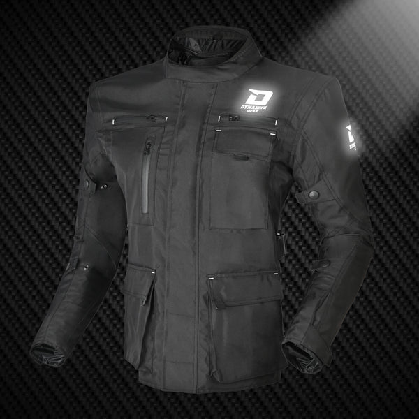 A black motorbike touring jacket with zippered chest and reflected branded logos on the sleeves and chest.