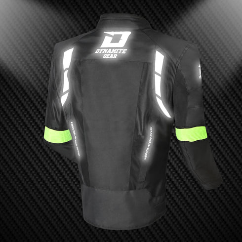 Back of a black motorcycle jacket with green reflective strips. It features a high collar, ventilation zippers, and protective padding on the shoulders and elbows.
