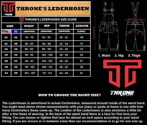 Throne Lederhosen size guide with measurements and fitting instructions on a black background.