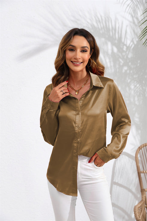 Women's Solid Colour Satin Long Sleeve Blouse