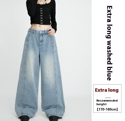 Women's Loose Wide Leg Draping Mop Slimming High Waist Denim Trousers