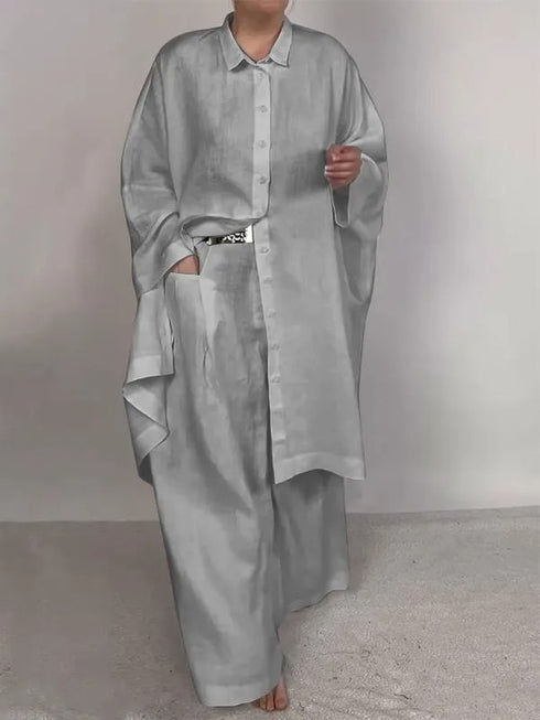 Womens Casual Dress Loose Solid Color Shirt Outfit Wide Leg Pants Two-piece Set