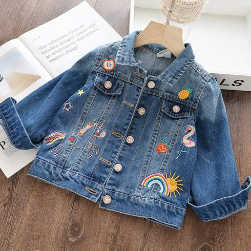 Kid's Graffiti Embroidered Lapel Short Denim Jacket