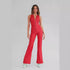 heart shape backless denim jumpsuit in red colour, front view