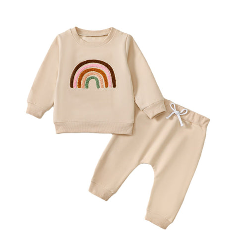 Kid's Four-color Embroidery Rainbow Shirt Fake Drawstring Trousers Two-piece Set