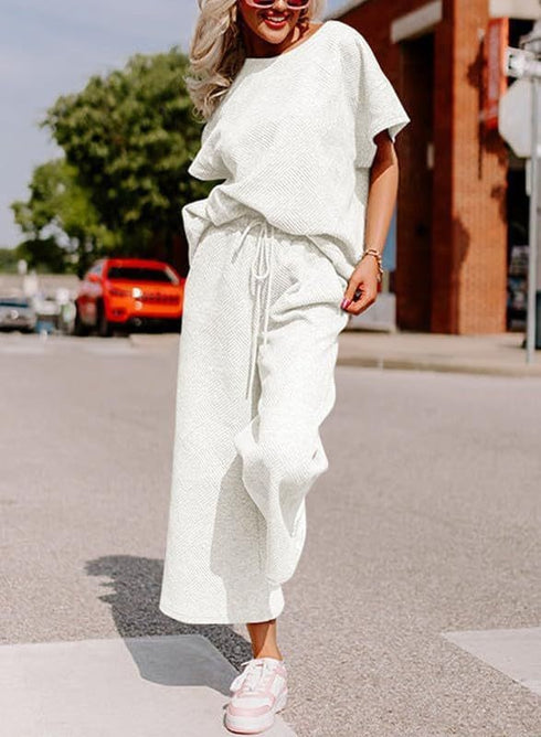 White Jumpsuit, short sleeves, wide trouser with string closure