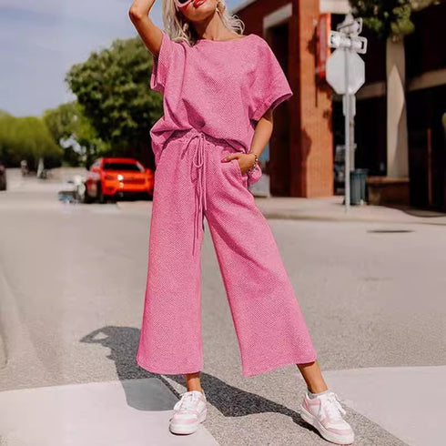Pink Jumpsuit, short sleeves, wide trouser with string closure