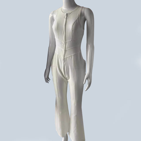 heart shape backless denim jumpsuit in white colour