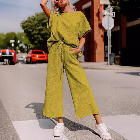 yellow Jumpsuit, short sleeves, wide trouser with string closure