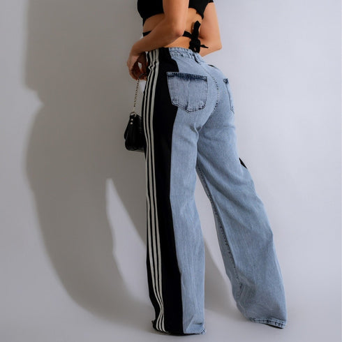 Women's High Waist Elastic Straight Leg Trousers Denim Wide Leg Pants Streetwear