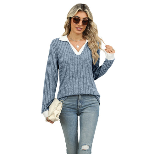 Women's Lapel Long Sleeve Loose-fitting T-shirt