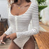 Womens Bodysuit Long Sleeve U-neck Jumpsuit Half Cardigan Slim Stripe