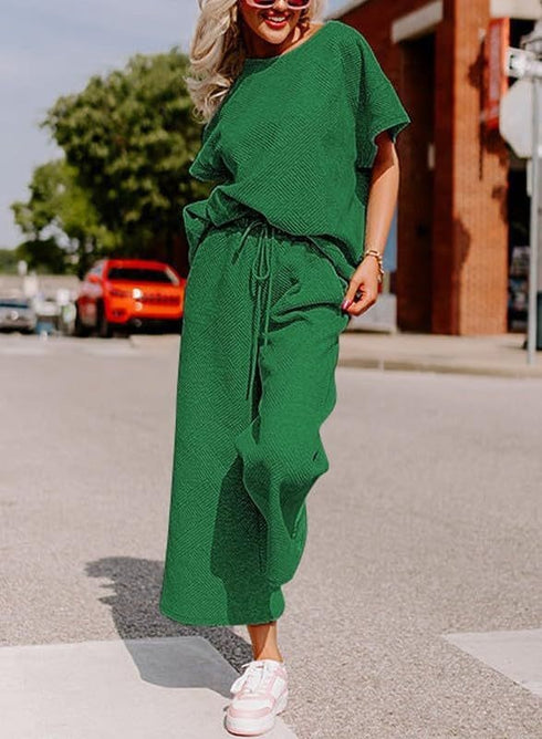 Green Jumpsuit, short sleeves, wide trouser with string closure