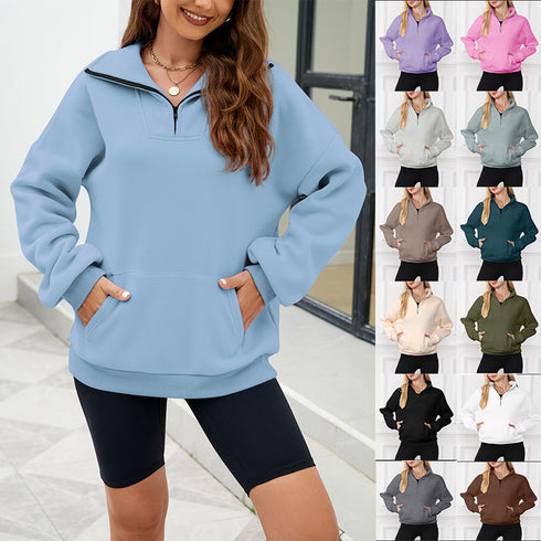 Women's Sweatshirt Solid Colour Stand Collar With Pocket Zipper Casual Sports Loose Top