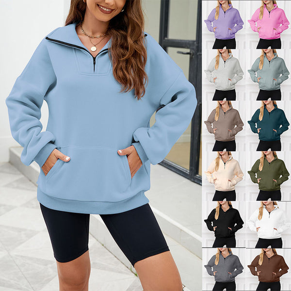 Women's Sweatshirt Solid Colour Stand Collar With Pocket Zipper Casual Sports Loose Top