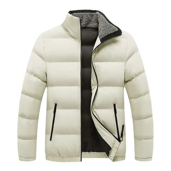 white puffer jacket with black detailing displayed on a white background, jacket has two zip pockets in front.