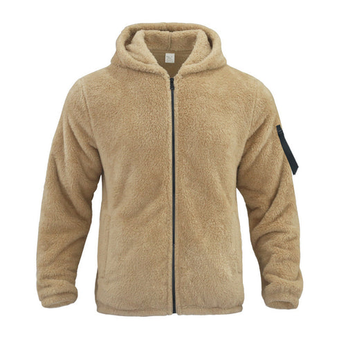 men's khaki winter fur double-sided hooded jacket displayed on white background