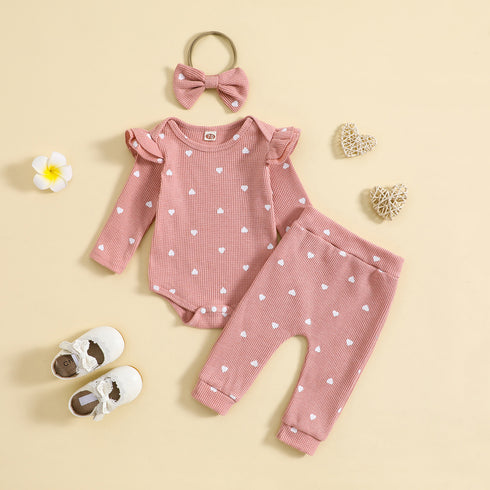 Kid's Heart Printing Jumpsuit, Trousers, Hair Band, Three-piece Set
