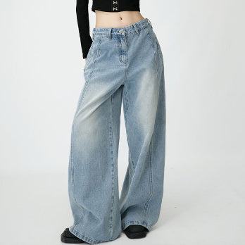 Women's Loose Wide Leg Draping Mop Slimming High Waist Denim Trousers