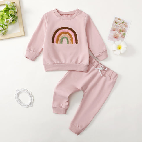 Kid's Four-color Embroidery Rainbow Shirt Fake Drawstring Trousers Two-piece Set