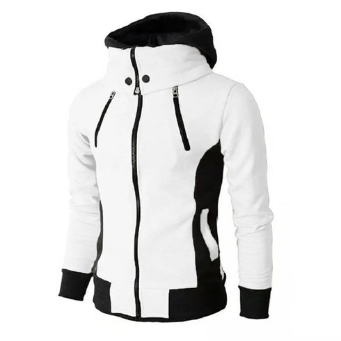Men high neck hooded jacket displayed in white colour on a white background