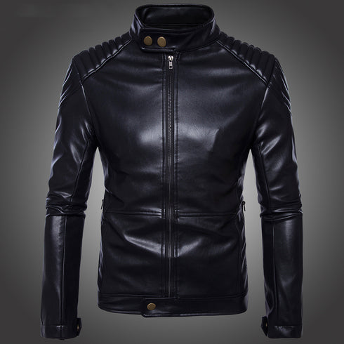 A black leather men's jacket with a standing collar, zipper placket, and metal buttons for the closure