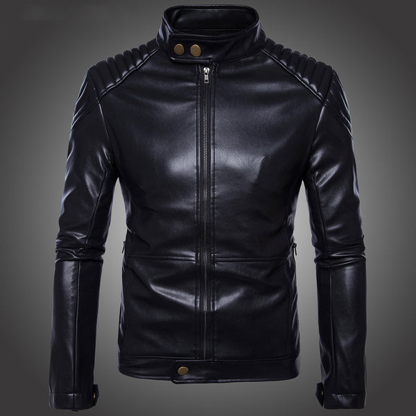 A black leather men's jacket with a standing collar, zipper placket, and metal buttons for the closure