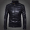 A black leather men's jacket with a standing collar, zipper placket, and metal buttons for the closure