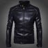 A black leather men's jacket with a standing collar, zipper placket, and metal buttons for the closure