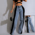 Women's High Waist Elastic Straight Leg Trousers Denim Wide Leg Pants Streetwear