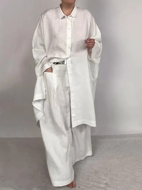 Womens Casual Dress Loose Solid Color Shirt Outfit Wide Leg Pants Two-piece Set