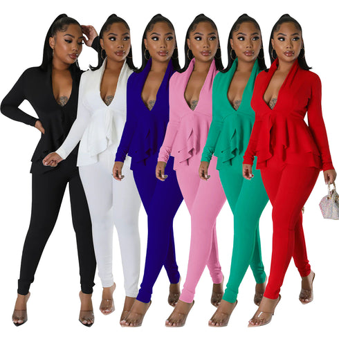 Womens Flounce Long Sleeve Pencil Pants Suit Set Narrow V-Neck
