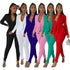 Womens Flounce Long Sleeve Pencil Pants Suit Set Narrow V-Neck
