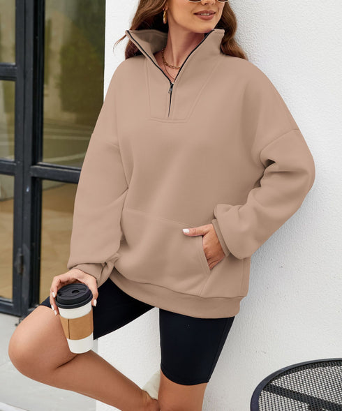 Women's Sweatshirt Solid Colour Stand Collar With Pocket Zipper Casual Sports Loose Top