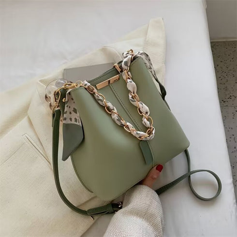 shoulder bag with chain and cloth bow in army green colour