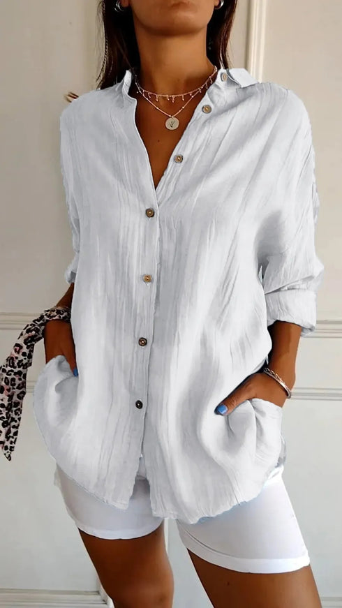 Women's Long Sleeve Single-breasted Pleated Shirt