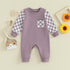 baby jumpsuit in purple colour with checked on pocket and sleeves